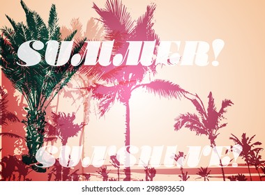 Colorful background with silhouette of palm trees on the beach. Tropical seasonal background for topics of travel, vacation and summer.