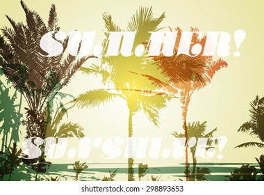 Colorful background with silhouette of palm trees on the beach. Tropical seasonal background for topics of travel, vacation and summer.