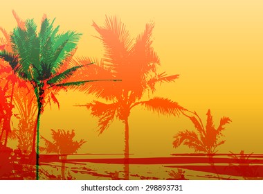 Colorful background with silhouette of palm trees on the beach. Tropical seasonal background for topics of travel, vacation and summer.