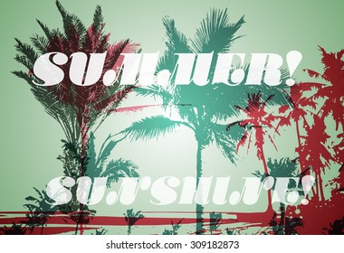 Colorful background with silhouette of palm trees on the beach. Tropical seasonal background for topics of travel, vacation and summer.