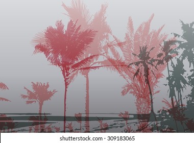 Colorful background with silhouette of palm trees on the beach. Tropical seasonal background for topics of travel, vacation and summer.