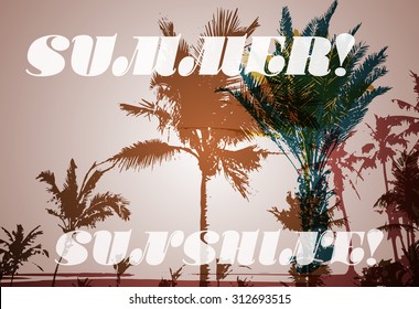 Colorful background with silhouette of palm trees on the beach. Tropical seasonal background for topics of travel, vacation and summer.