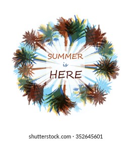 Colorful background with silhouette of palm trees on the beach. Tropical seasonal background for topics of travel, vacation and summer.
