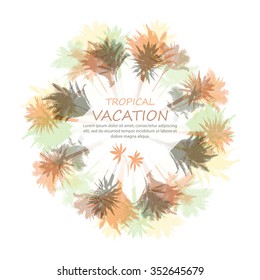 Colorful background with silhouette of palm trees on the beach. Tropical seasonal background for topics of travel, vacation and summer.