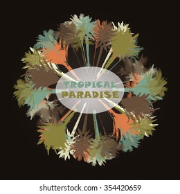 Colorful background with silhouette of palm trees on the beach. Tropical seasonal background for topics of travel, vacation and summer.