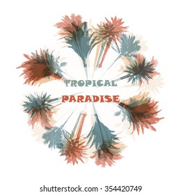 Colorful background with silhouette of palm trees on the beach. Tropical seasonal background for topics of travel, vacation and summer.