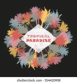 Colorful background with silhouette of palm trees on the beach. Tropical seasonal background for topics of travel, vacation and summer.