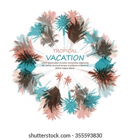 Colorful background with silhouette of palm trees on the beach. Tropical seasonal background for topics of travel, vacation and summer.