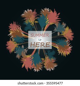 Colorful background with silhouette of palm trees on the beach. Tropical seasonal background for topics of travel, vacation and summer.