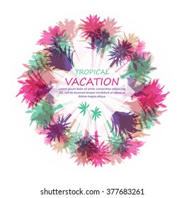Colorful background with silhouette of palm trees on the beach. Tropical seasonal background for topics of travel, vacation and summer.