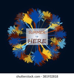 Colorful background with silhouette of palm trees on the beach. Tropical seasonal background for topics of travel, vacation and summer.