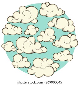 colorful background with sketchy clouds on blue sky