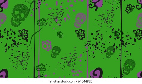 Colorful background with skulls & flowers. Vivid pattern with decorative skull