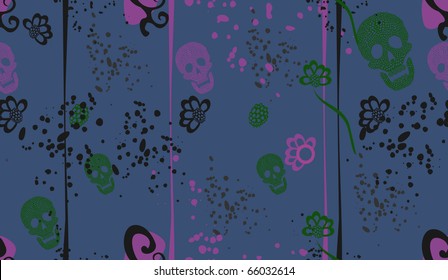 Colorful background with skulls & flowers. Vivid pattern with decorative skull