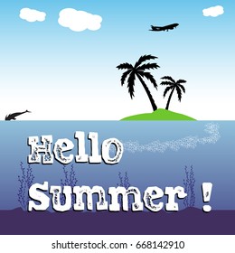 Colorful background with a small island with two palm trees and the text hello summer written with white letters
