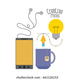 colorful background with smartphone with headphones and mug of tea creative process vector illustration