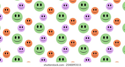 Fondo colorido de la cara sonriente de dibujos animados sin patrón. Ilustración de fondo de caras de sonrisa divertida. Fondo de pantalla de personaje de Antiguas, divertida impresión de textura de color pastel.