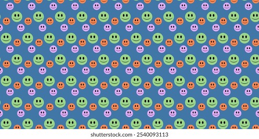 Fondo colorido de la cara sonriente de dibujos animados sin patrón. Ilustración de fondo de caras de sonrisa divertida. Fondo de pantalla de personaje de Antiguas, divertida impresión de textura de color pastel.