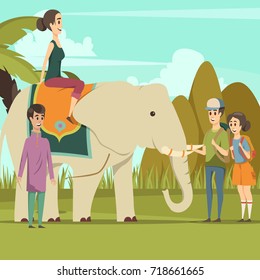 Colorful background with smiling young indian woman riding on elephant native boy and tourists flat vector illustration