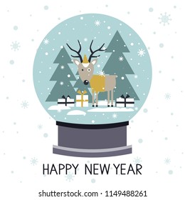 Colorful background with snow globe and english text. Deer in hat and sweater. Decorative cute backdrop vector. Hand drawn poster design with animal. Happy New Year, festal greeting card. Winter time