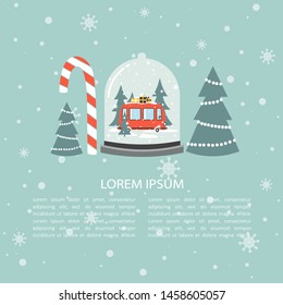 Colorful background with snow globe and place for text. Red bus with gifts, fir trees. Decorative cute backdrop vector. Hand drawn poster design. Happy New Year, festal greeting card. Winter time