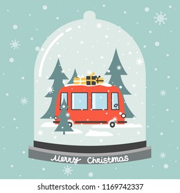 Colorful background with snow globe. Red bus with gifts, fir trees. Decorative cute backdrop vector. Hand drawn poster design. Happy New Year, festal greeting card. Winter time