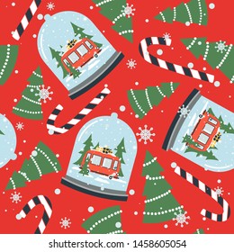 Colorful background with snow globe, red bus with gifts, fir trees, candy canes. Decorative cute backdrop vector. Happy New Year, seamless pattern. Winter time