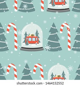 Colorful background with snow globe, red bus with gifts, fir trees, candy canes. Decorative cute backdrop vector. Happy New Year, seamless pattern. Winter time
