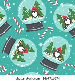 Colorful background with snow globes, penguins, gifts, fir trees, candy canes. Decorative cute backdrop vector. Happy New Year, seamless pattern. Winter time