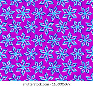 Colorful background with snowflakes in techno style. Spin illusion. Seamless pattern.