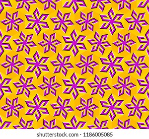 Colorful background with snowflakes in techno style. Spin illusion. Seamless pattern.