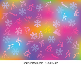 colorful background with snowflakes and winter sports icons