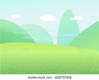Colorful background. Spring grassy landscape with hills and mountains. Farmland or grassland scene. Textured nature vector illustration. Meadow wallpaper. Green summer scene. 
