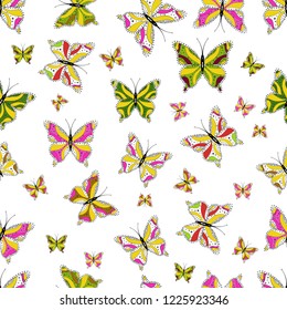 Colorful background for spring and summer design. Hand-drawn illustration. Vector colored endless texture. Seamless pattern with butterflies.