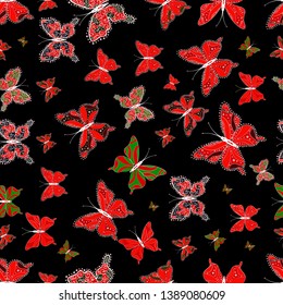 Colorful background for spring and summer design. Seamless pattern with butterflies. Vector colored endless texture. Hand-drawn illustration.
