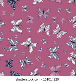 Colorful background for spring and summer design. Hand-drawn illustration. Seamless pattern with butterflies. Vector colored endless texture.