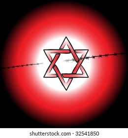 Colorful background with the Star of David colored in red and a black barbed wire. Holocaust theme