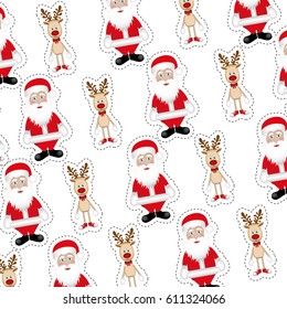 colorful background with sticker pattern of santa claus and reindeer vector illustration