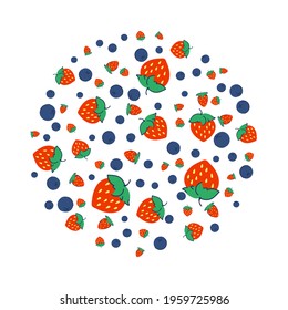 Colorful background with strawberries and blueberries. Vegetarian posters with organic berries. Place for your text. Vector illustration