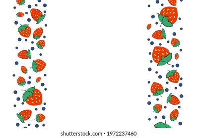 Colorful background with strawberries and blueberries. Vegetarian posters with organic berries. Place for your text. Vector illustration