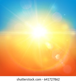 Colorful background with summer mood, shiny sun and blurred blue, orange and red colors.