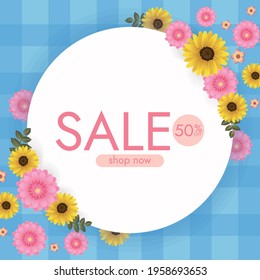 Colorful background with Sunflowers and Daisy flowers. Vector illustration