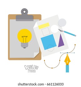 colorful background with table notepad with graphic light bulb and sheet with geometric forms and scalpel creative process vector illustration