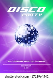 Colorful background template with mirror reflections of silver disco ball, realistic vector illustration. Dance party and retro music event banner or invitation mockup.