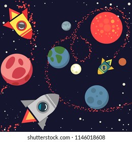 Colorful background template with planets, space, stars, spaceships  on dark background. Vector flat illustration.