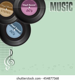 Colorful background with three vinyl records and the word music written with capital letters