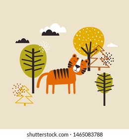 Colorful background, tiger and trees. Hand drawn backdrop vector. Illustration with animal, forest. Decorative wallpaper, good for printing