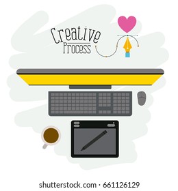 colorful background with top view desktop computer and designers graphic table creative process vector illustration