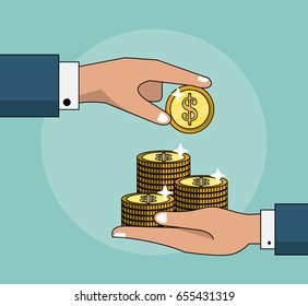 colorful background with transaction with coins between two persons