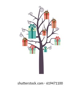 colorful background with tree with gift boxes hanging of the branches vector illustration